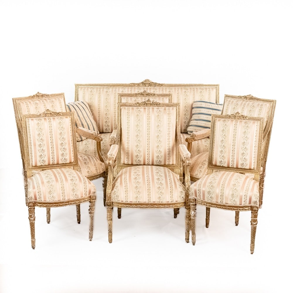 19th C. Louis XVI Style Giltwood Settee, 6 Chairs (1 of 19)