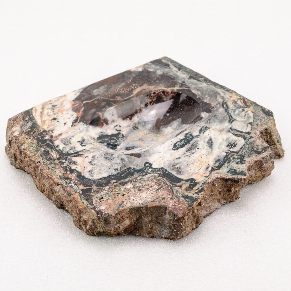 Colorful Stone Tray: This tray has polished surfaces and rough edges. Measures 7 7/8"W X 7 3/4"L X 1 1/8"D.