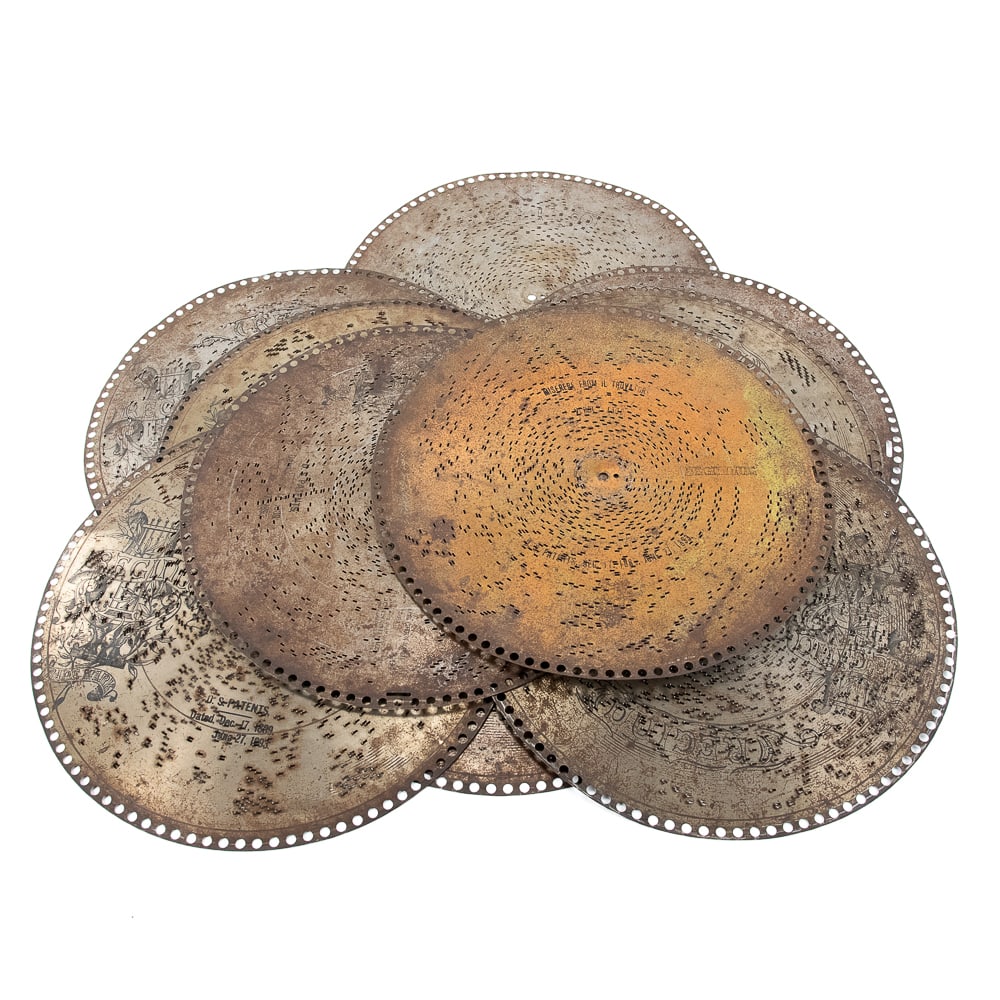 Lot of 10 15.5" Regina Music Box Discs: In good condition. Titles include: The Bride elect March, Alabama Coon's Jubilee, King Cotton March, Miserere From Il Trovator, Doc Brown's Cakewalk, Oh, Promise Me, Bill Bailey Won't You Please Come