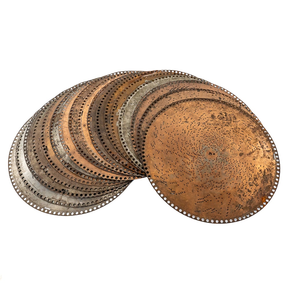 18 - 15 1/2" Regina Music Box Discs: Including: Love in Black & White Polka, Beautiful Girl Song-Blank Belcher, Spinn, Spinn Song-Jungst, In the Shade of the Old Apple Tree, Wiener Frucht'ln Waltz-Powolny, Jolly Elks Patrol March, Moonli