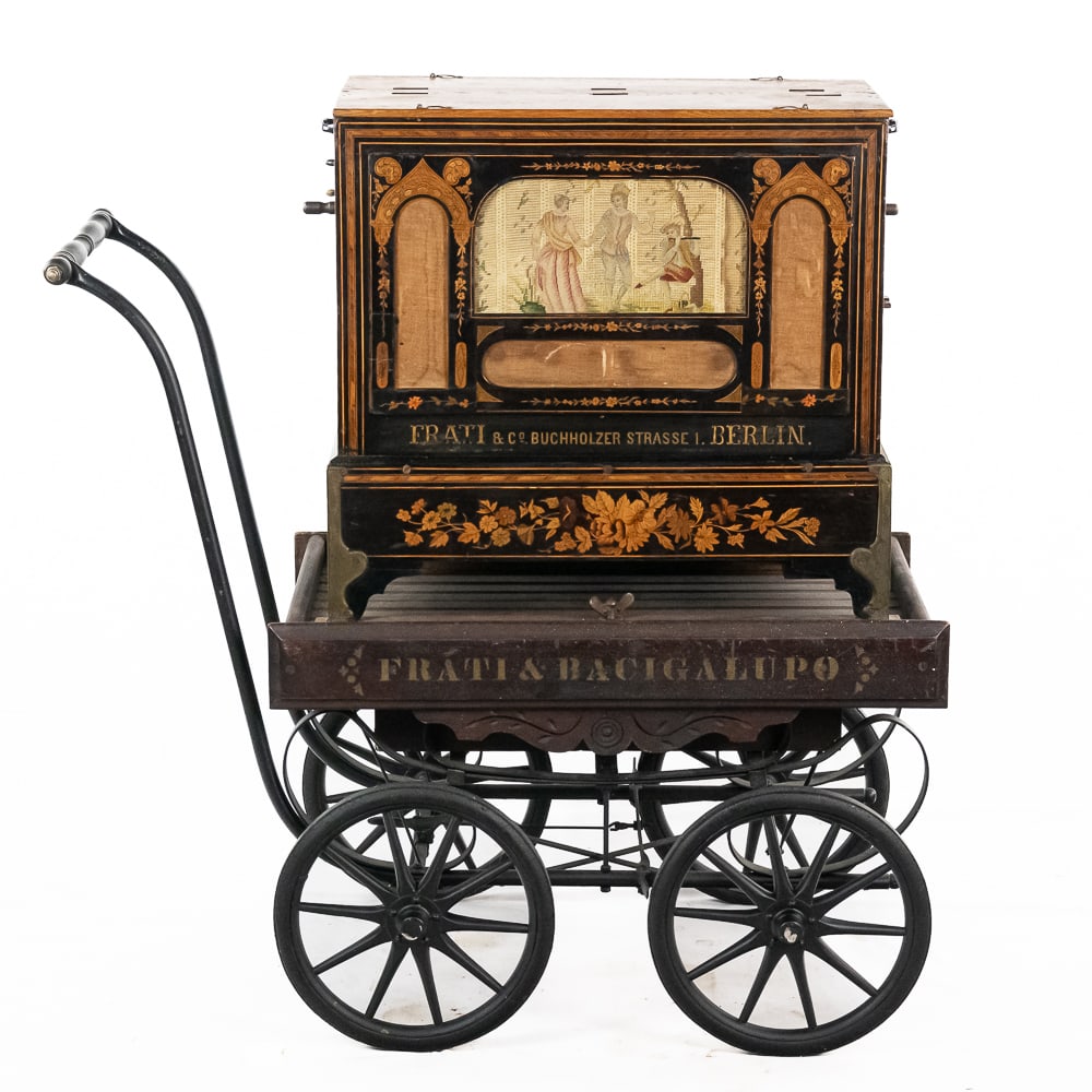 Frati 37 Key Barrel Operated Street/Monkey Organ: *NO Shipping! Pick up or buyer arranged transport ONLY*!This wonderful machine in its wood cabinet featuring elaborate inlay and multicolored exotic woods has its original finish and is in overall goo