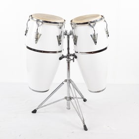 Pair Of White Conga Drums On Stand