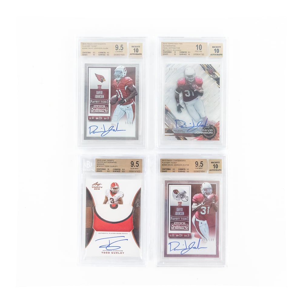 (4) Todd Gurley & David Johnson Auto Beckett 9.5: Collection including 2015 Leaf Trinity Patch Autographs Bronze #PATG1 Todd Gurley Auto Relic Card Beckett 9.5 Gem Mint, 2015 Topps High Tek Autograph's Tidal Diffractor #57 David Johnson Auto Card Bec