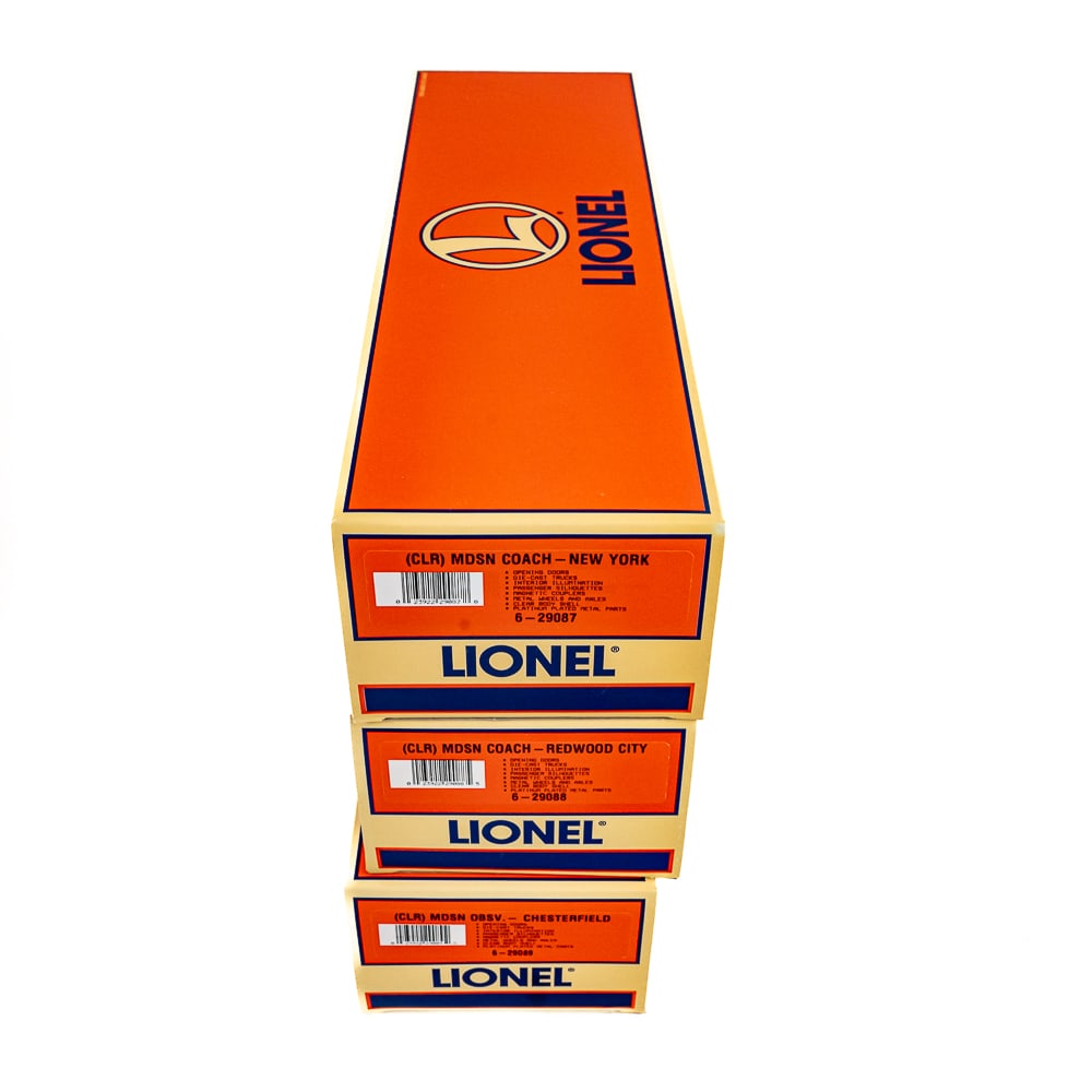NIB Lionel O Gauge MDSN NY, Redwood & Chesterfield: Collection showcases Lionel O gauge 6-29087 MDSN Coach NY, Lionel 6-29088 MDSN Coach Redwood City & Lionel MDSN OBSV. Chesterfield passenger cars. Each still showcased inside original packaging, appea