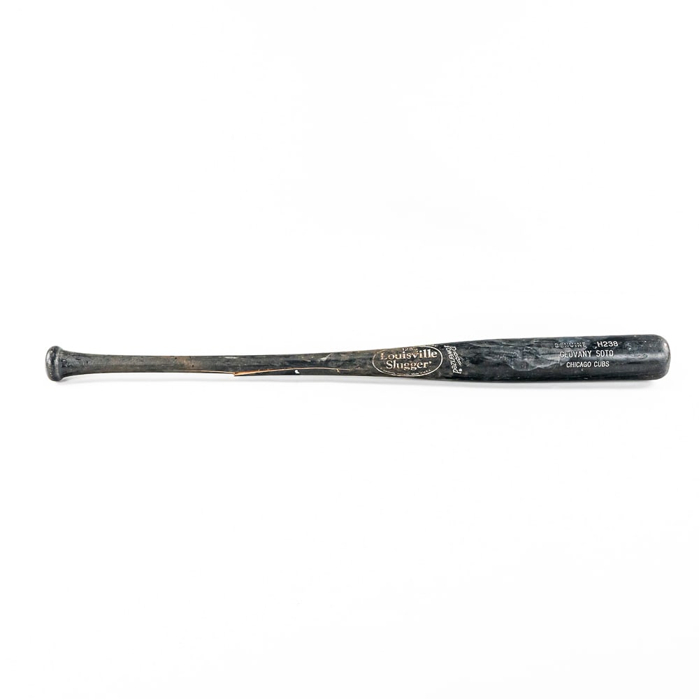 Geovany Soto Game Used Louisville Slugger H238 Bat: Game used Geovany Soto Louisville Slugger Genuine H238 baseball bat. Bat shows wear and used from game play including dirt, contact marks crack at the top and crack in the handle. A must have for any 