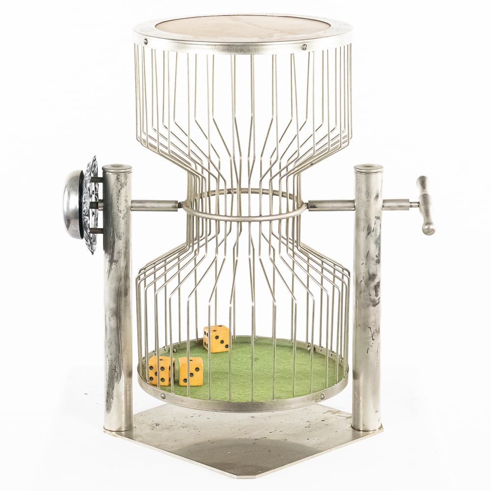 Chuck A Luck Cage Dice Game: Nice chrome dice game with 3 larger dice. This one has the bell or ringer on side. Overall good condition. 17 1/2" high x 15 1/2" wide