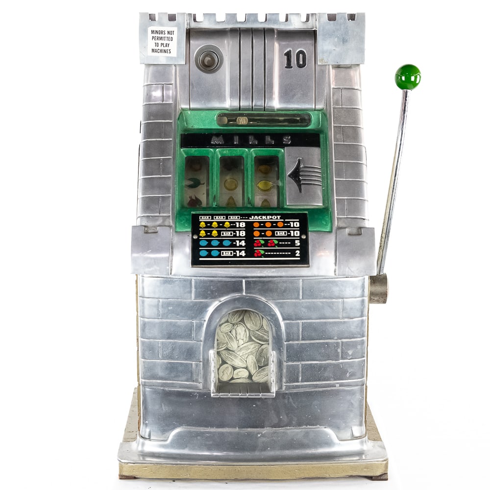 Mills 10 Cent High Top Castle Slot Machine: *NO SHIPPING - PICKUP OR THIRD PARTY TRANSPORT ONLY* Unusual 10 cent Mills High Top model slot machine with an aluminum castle front and top. Accepts coins, plays strong, and pays out. Machine pays ou