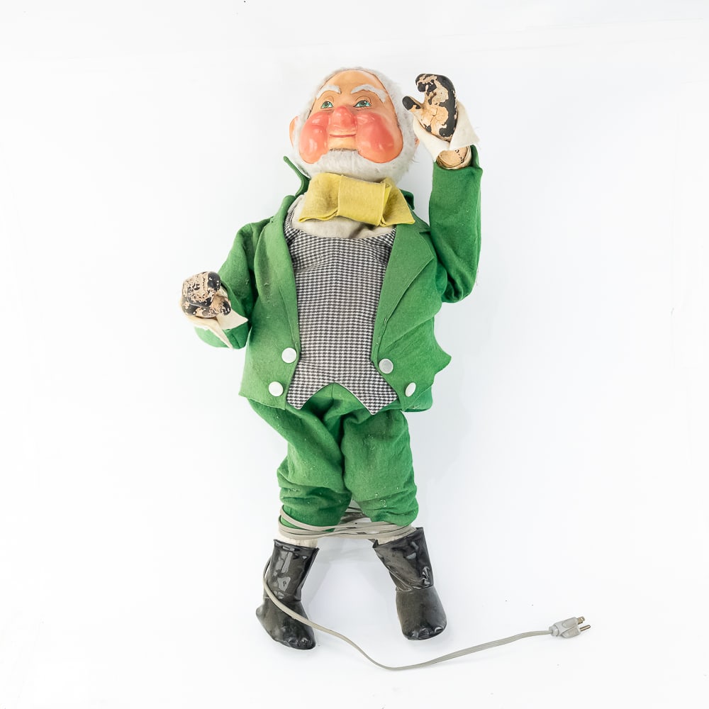 Store Display "Leprechaun" Animatron: Nice high end store animated 30" Leprechaun figural display with plastic hands, face and boots. Clothing is well made but needs cleaning. Hands are missing some paint and we think there was a hat at o