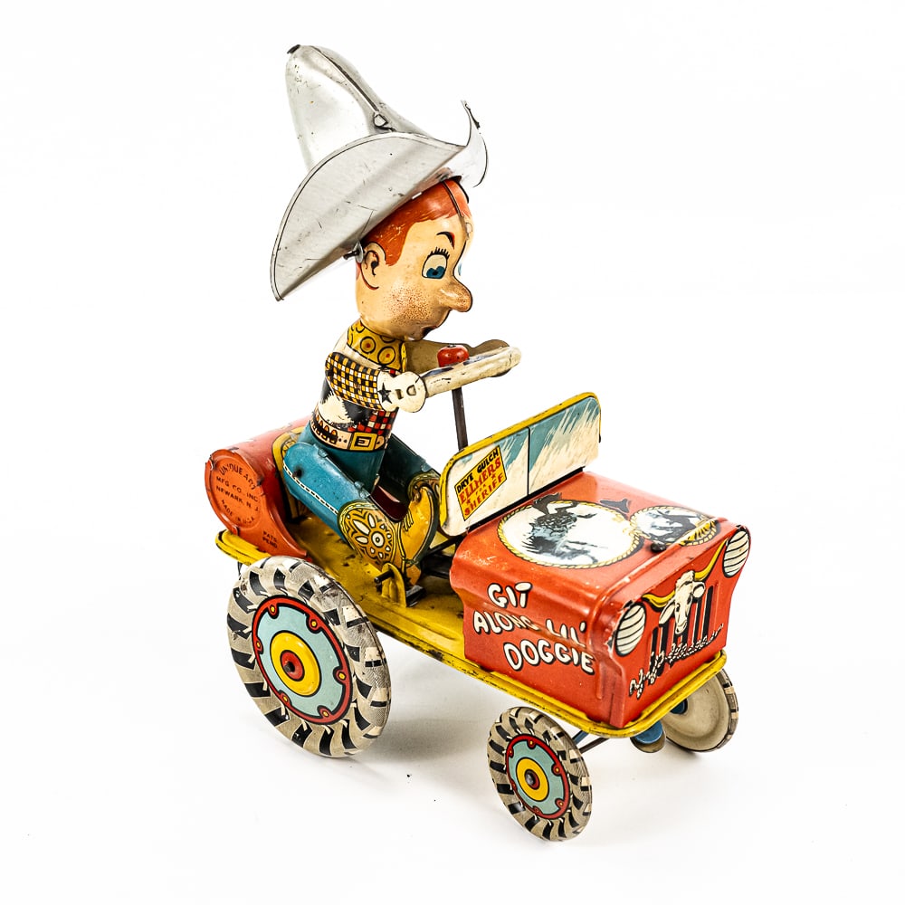 '30s Unique Rodeo Joe Wind Up Tin Litho Crazy Car: Super cool 1930s Unique Arts Mfg. Company "Rodeo Joe" tin litho wind up crazy car. Very good to good overall condition with minor cosmetic imperfections including minor scuffs and scratches. Winds up