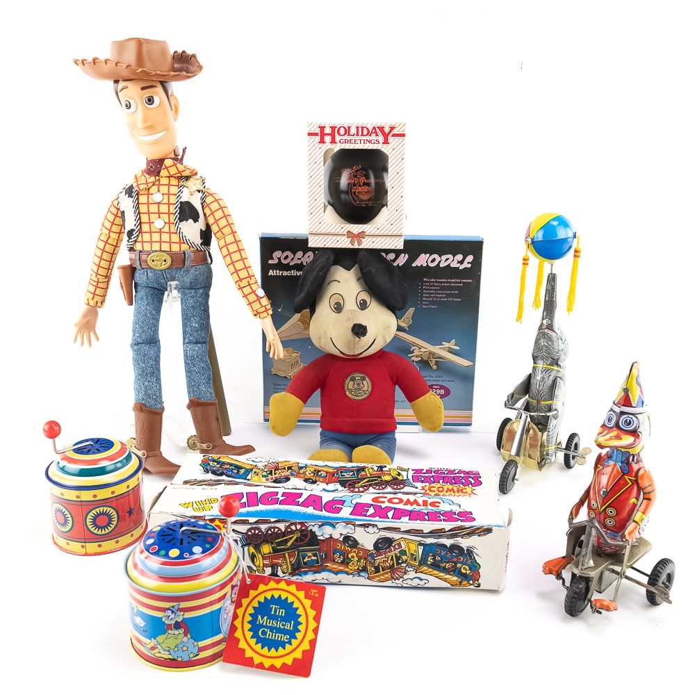1976 Mickey Mouse Club Plush Doll Tin Litho & More: Collection features1976 Mickey Mouse Club Plush Stuffed Animal Doll, (2) Zig Zag Express Wind up Comic trains with boxes, 2002 Harley Davidson Christmas Ornament, Contemporary wind up tin litho Duck,