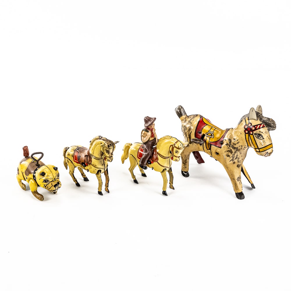 Vintage Assorted Tin Litho Wind Up Toy Animals: Collection features vintage wind up tin litho toy bulldog, 1950s DRGM US Zone German wind up tin litho horses (one with rider, both missing keys) and larger unmarked tin litho wind up toy donkey. All 