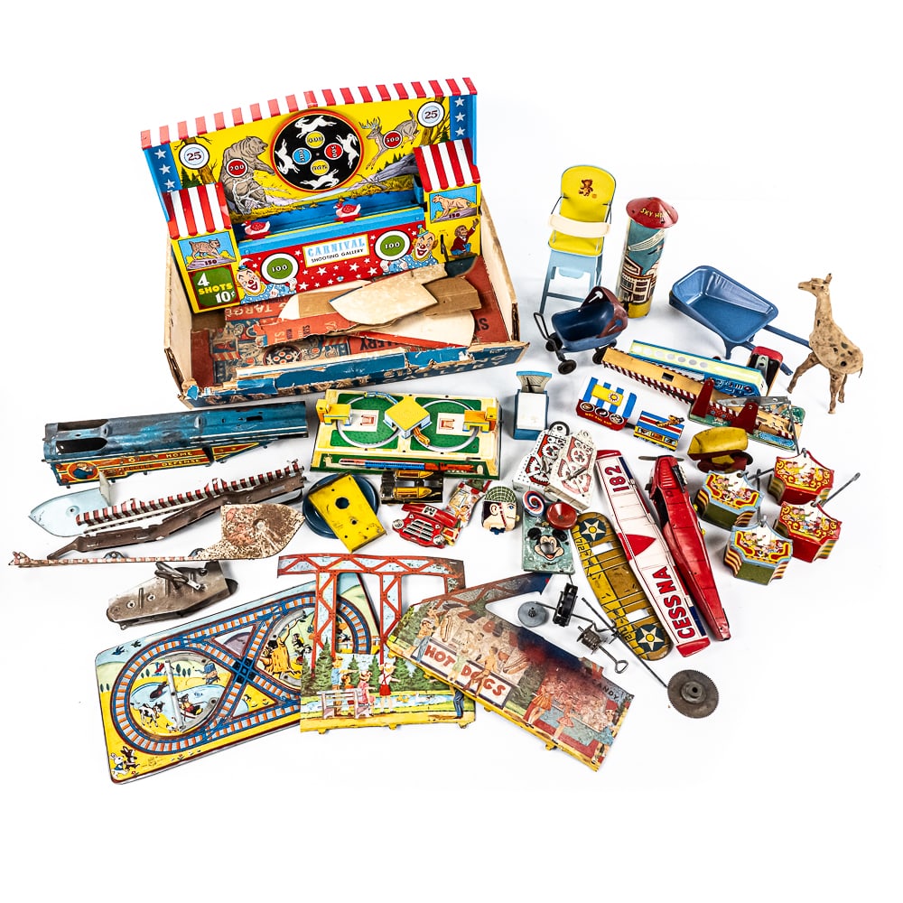 Ohio Art Carnival Shooting Gallery & More: Collection includes vintage tin litho Ohio Art "Carnival Shooting Gallery" with box (box in rough condition) along with a nice collection of assorted tin litho toy parts including the guts for a MARX