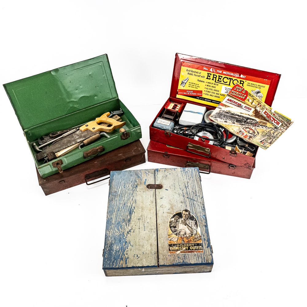 Erector Sets Gilbert Chemistry American Tool Chest: Collection features Erector Set 4 1/2, Erector Set 6 1/2 (with boxes appear complete with instructions), Gilbert Chemistry set partially full & American Tool chest with tools and empty red American to