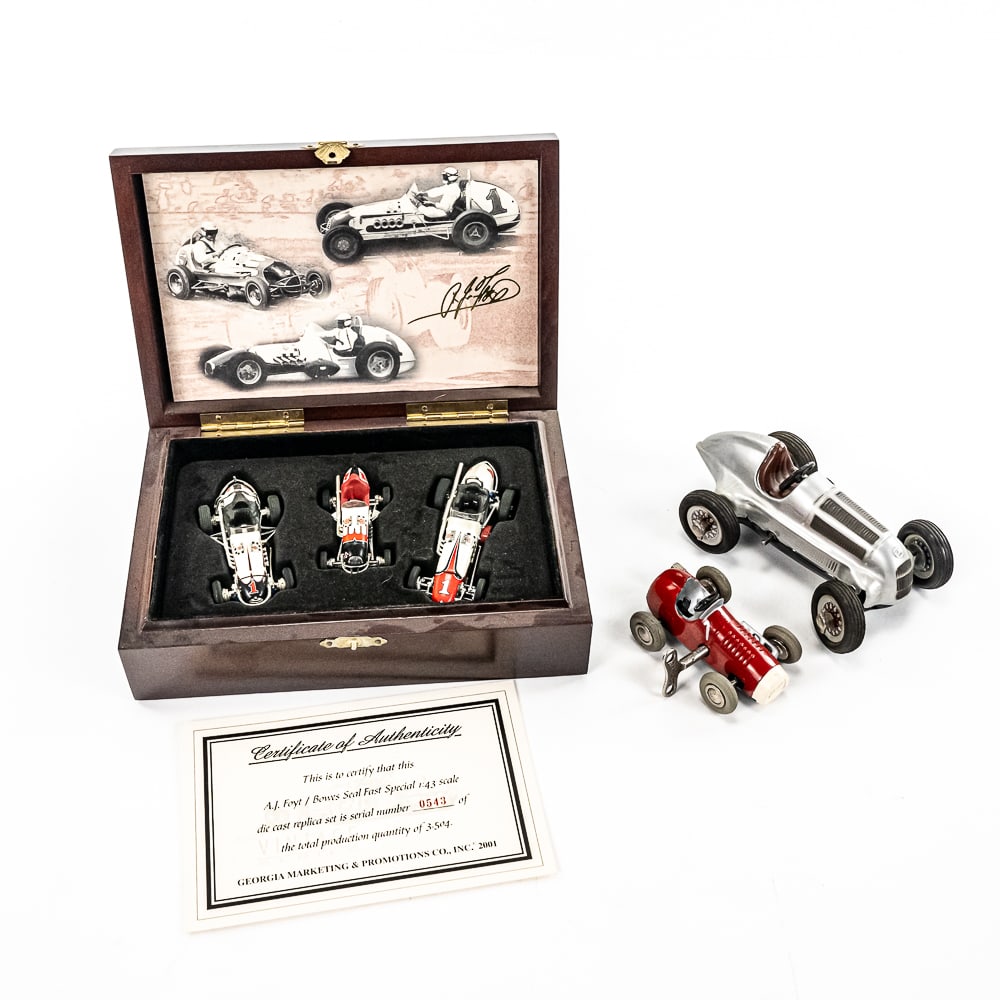 GMP Bowes Seat Fast 3 Car Set & Schucco Racers: Collection features GMP 1;43 AJ Foyt Bowes Seal Fast 3 Car limited edition C38 set with original packaging, Schuco Studio 1050 1936 Mercedes and Schuco 1042 mini racer (one key between both Schucos).