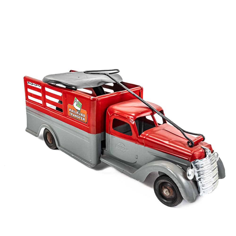 1940s Buddy L Ride Em Railroad Transfer Pull Truck: Eye catching restored Buddy L ride em Railroad Transfer ride on pull toy. Approximately 24" long and in very good overall condition (older restoration) with some minor cosmetic imperfections such as m