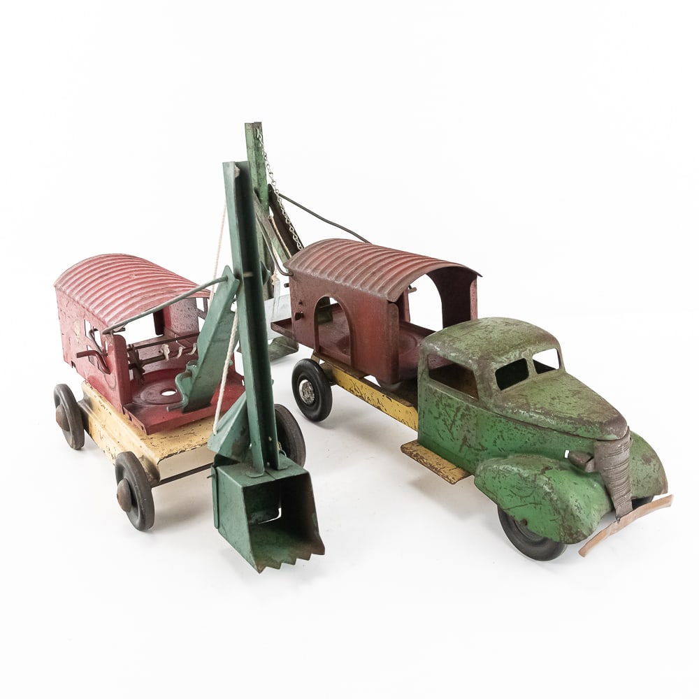 Turner Toys Steam Shovel Truck & Steam Shovel: Collection showcases both a pressed steel Turner Toys steam shovel truck and Turner Toys pressed steel toy steam shovel. Both are in good to fair overall condition with moderate age and wear marks inc