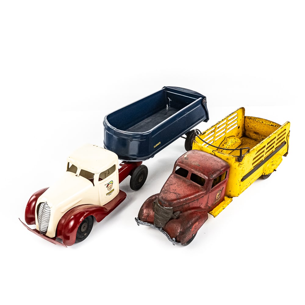 Pair of Vintage Turner Toys Semi Trailer Trucks: Pair of Turner Toys toy rolled steel semi truck & trailers. One example shows an older restoration, approximately 23" long and in very good overall condition. The second example in good overall with "