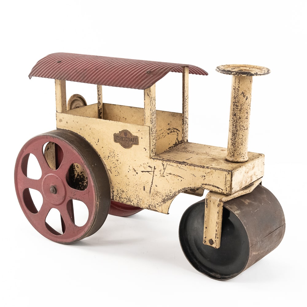 Original Steelcraft Pressed Steel Toy Steam Roller: Original 1920s Steelcradft pressed steel toy steam roller. Approximately 16" long and in good overall condition with moderate cosmetic imperfections including discoloration, paint loss, rust, scuffs &