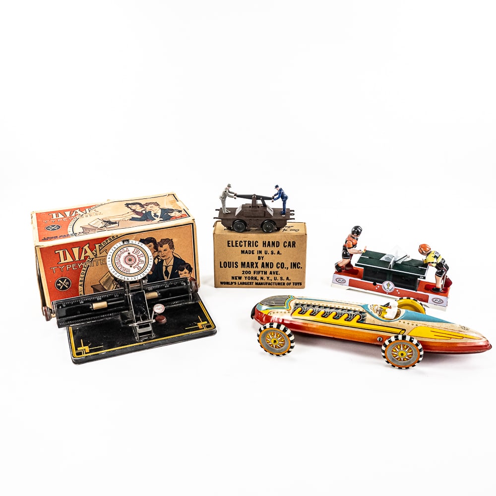 MARX Electric Hand Car #2002 Dial Typewriter &Ping: Collection includes an assortment of collectable vintage tin litho toys including MS38 Ping Pong wing up tin litho toy (with key works as expected), MARX Trains electric hand car #2002 still showcased