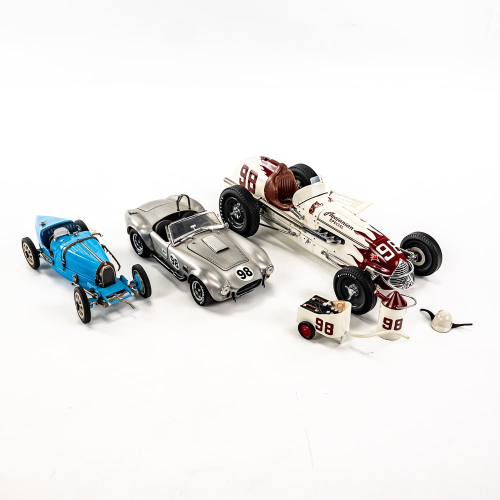 Franklin Mint '24 Bugatti '52 Agajanian '66 Cobra: Collection of (3) assorted Franklin Mint diecast cars including 1924 Bugatti Type 35 1952 Agajanian special with fuel can and cart with box , #98 Troy Ruttman with box & 1966 Brushed Aluminum Shelby C
