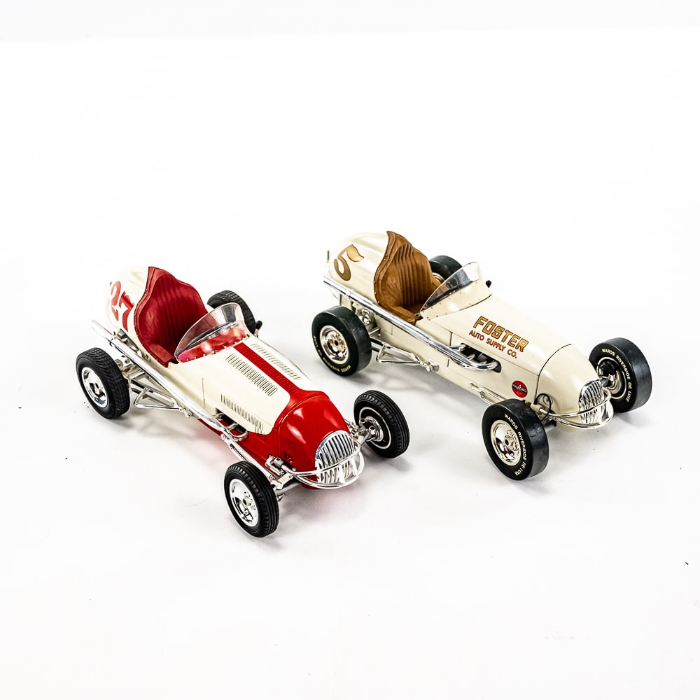 GMP Roger Ward #27 & Llyod Axel #5 Midget Racers: Collection showcases GMP limited eition 1/18 scale diecast Roger Ward #27 Edelbrock V8-60 & GMP Llyod Axel Foster Offy Special midget diecast racers with boxes. Each in very good overall condition sti