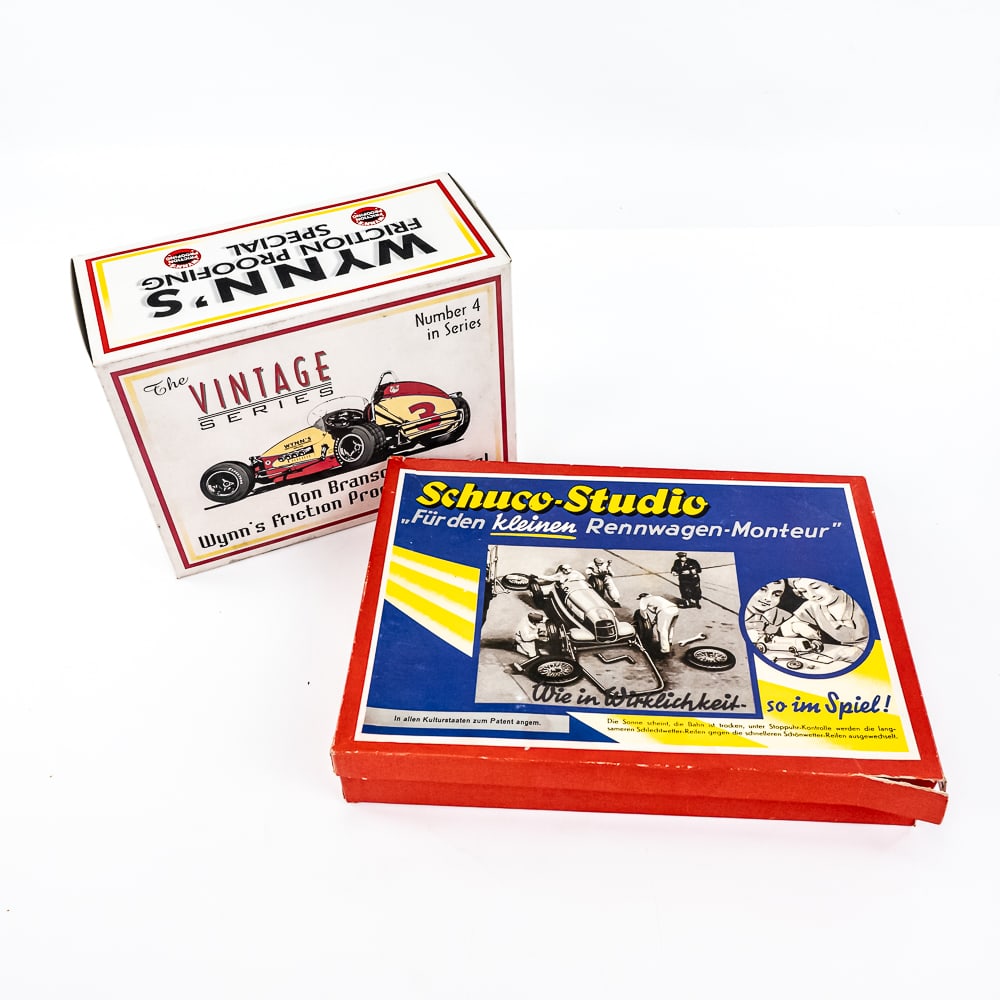 Vintage Schuco Studio Art 1055 & GMP Wynn's Car: Collection showcases Schuco Studio Montagekasten "Fur Den Kleinen Rennwagen Monteur" Art 1055 complete set. Very goos overall condition; still showcased inside original presentational packaging & GMP 