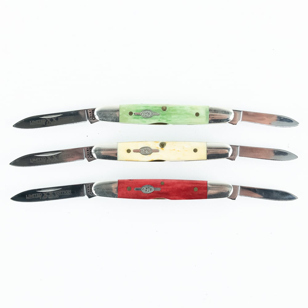 3 Case XX 06263 Limited Edition Eisenhower Knives: 3 Case XX Model 06263 Eisenhower pattern knives. All are Limited edition 1 of 2500 from early 2000s production. All knives are in like new condition with only minor storage wear on bolsters. 3 differe