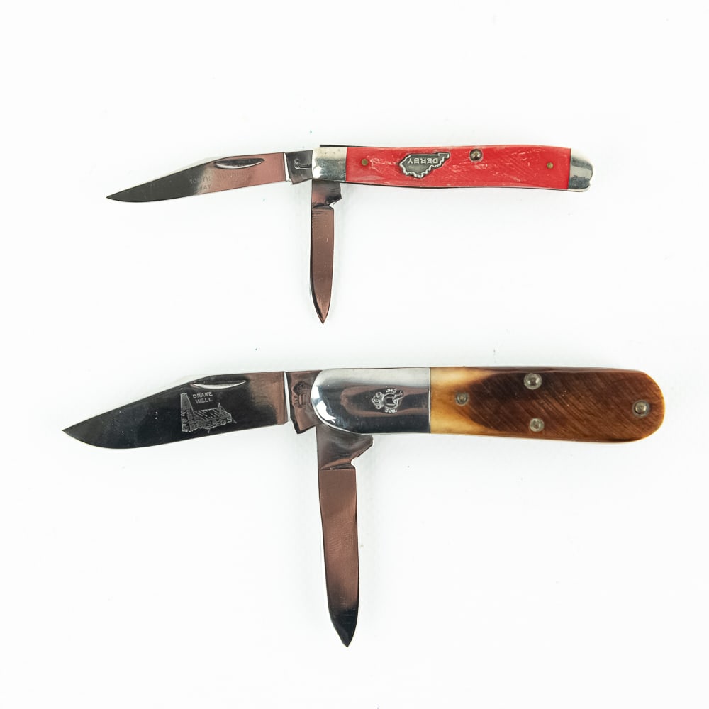 Queen Cutlery Drake Well and Kentucky Derby Knives: Queen Cutlery Company Drake Oil Well and Kentucky Derby Oil Well commemorative knives. Very high quality US made knives. Drake Oil Well commemorative is 1972 production 1 of 3600 total made only that 