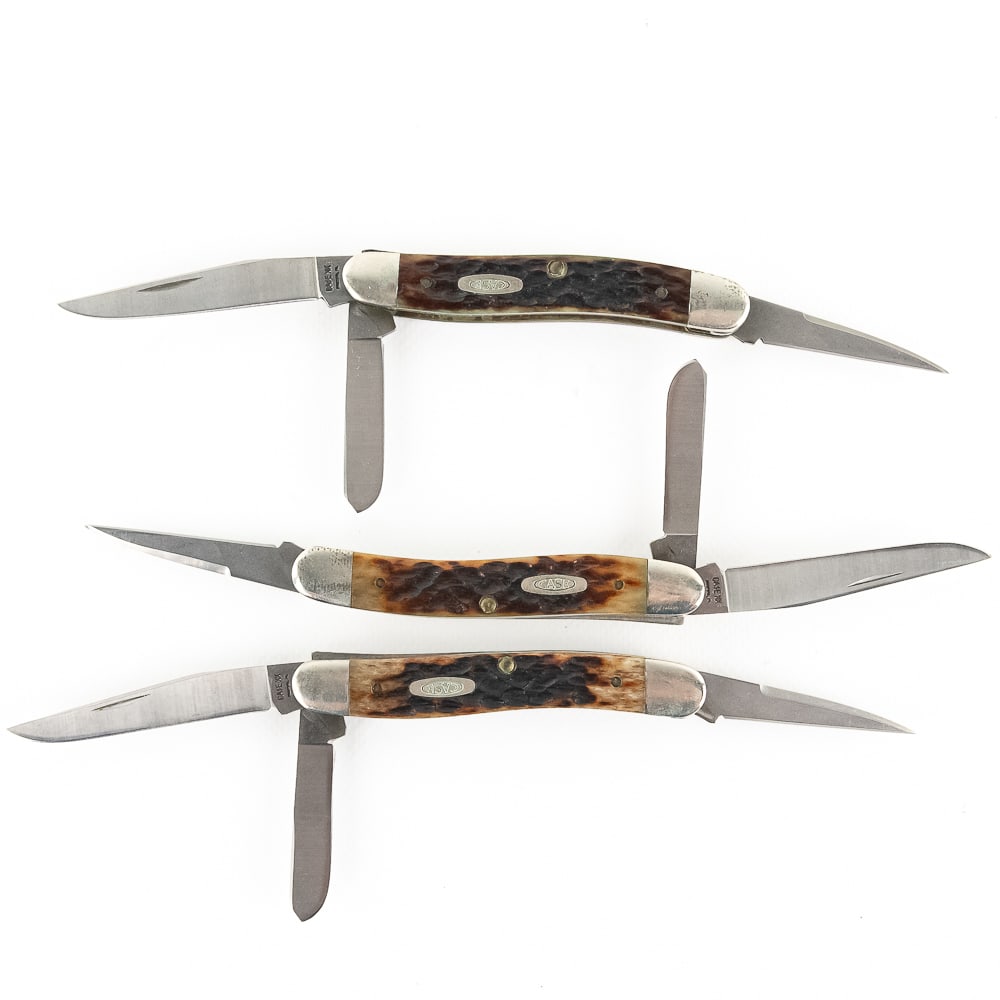 3 Case XX 6318 SS Stockman Knives (1990s): 3 Case XX USA Model 6318SS Stockman Knives. 1990s production knives are like new with only minor storage wear on bolsters. Very nice high quality US made knives with Stag handles. Excellent collector