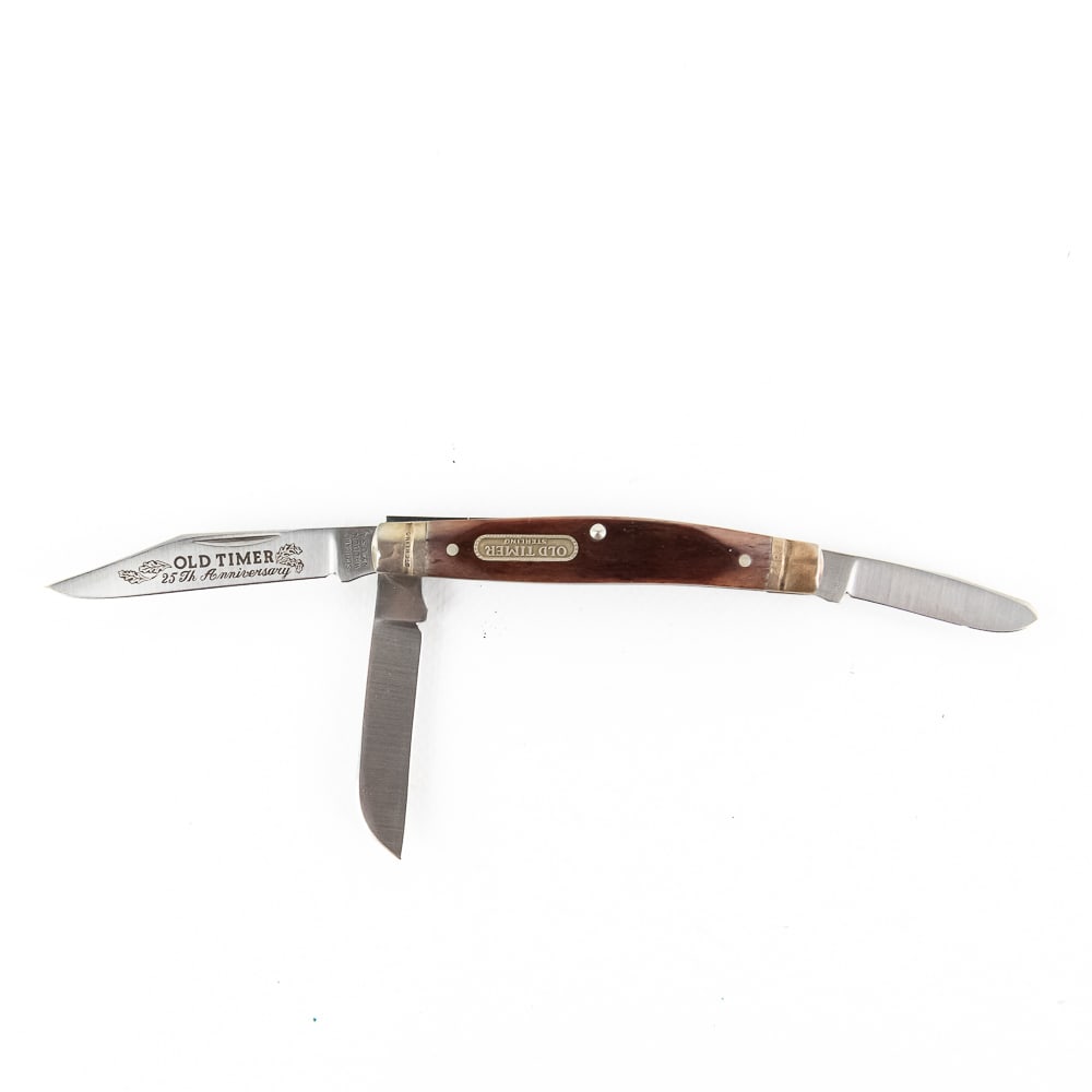 Schrade 340T Silver 25th Anniversary Pocket Knife: Excellent Schrade model 340T 25th Anniversary Silver pocket knife. 3 Blade stockman style with Sterling Silver Bolsters. Knife is unused with only tarnish from storage on bolsters. Perfect collector i