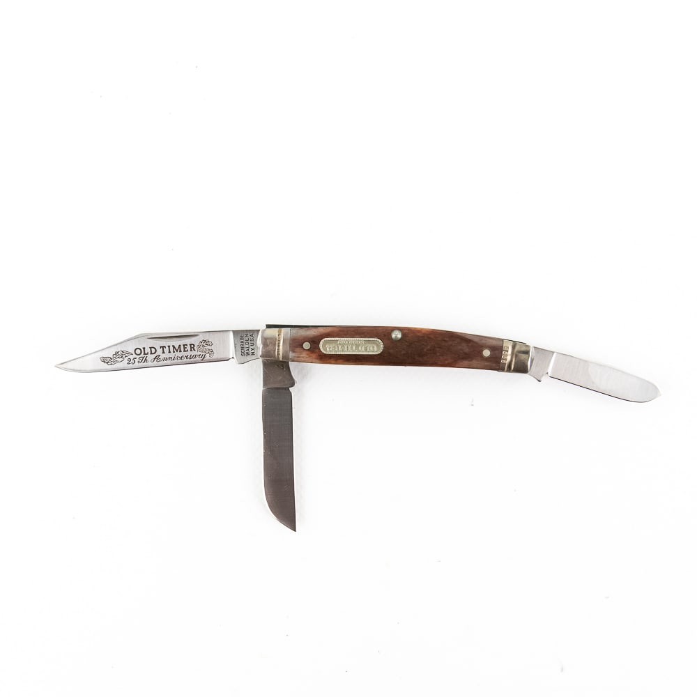Schrade 340T Silver 25th Anniversary Pocket Knife: Excellent Schrade model 340T 25th Anniversary Silver pocket knife. 3 Blade stockman style with Sterling Silver Bolsters. Knife is unused with only tarnish from storage on bolsters. Perfect collector i