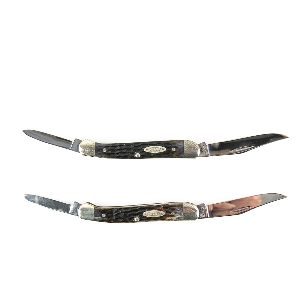 2 Case XX 62109X Baby Copperhead Knives (1979): 2 Case XX Model 62109X pocket knives. 1979 date on blades. Knives are like new. Bolsters have minor wear from storage and age. Bone handles are excellent. 3.1" Closed length. Excellent collector or gi