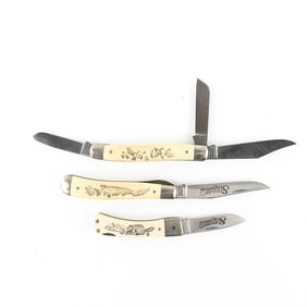 3 Schrade+ USA Scrimshaw Pocket Knives