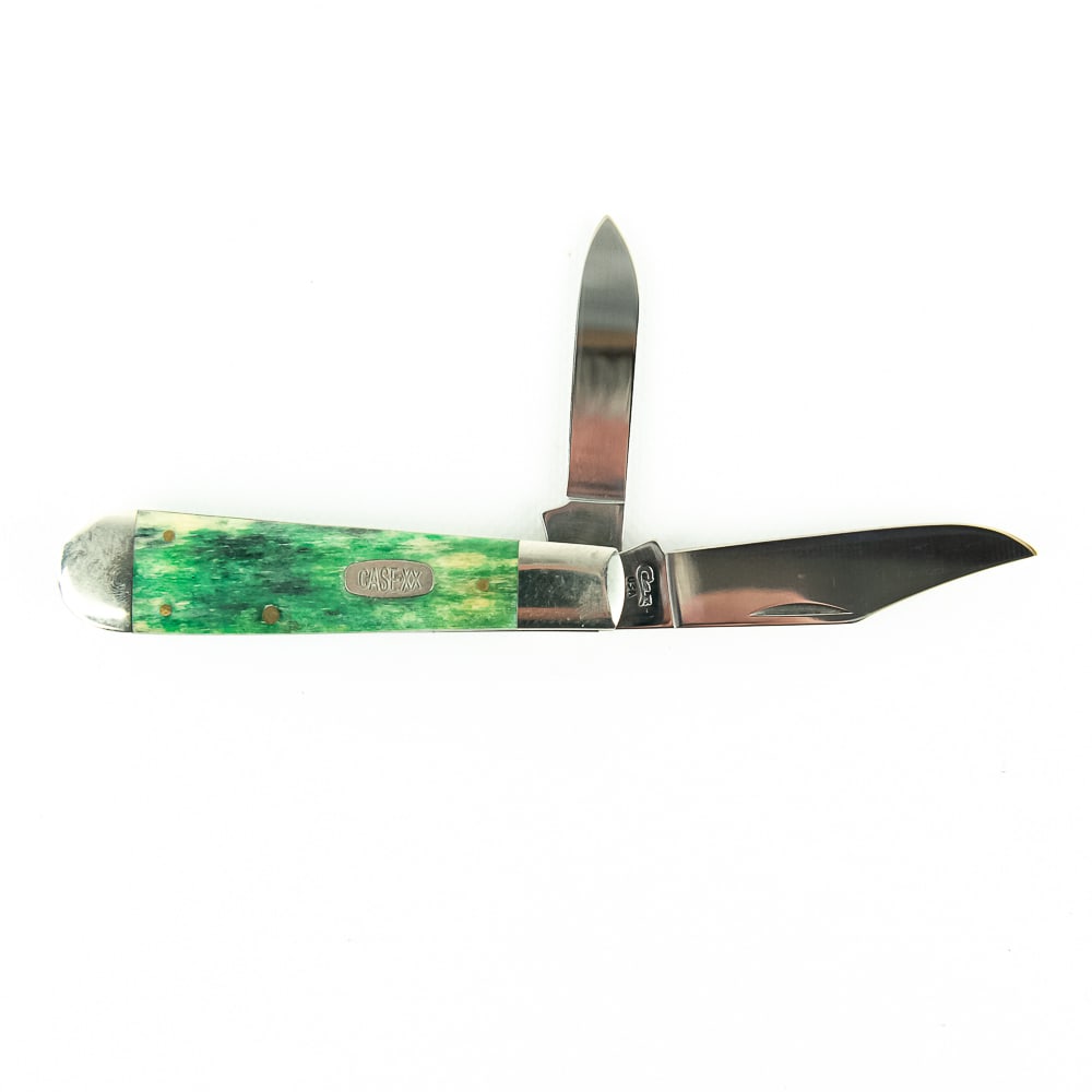 CASE XX USA, #6299 1/2, Green Appaloosa Bone 3-Dot: 1990's Large, CASE XX USA Pattern 6299 1/2, 2-Blade Torpedo Jack. Gorgeous, green Appaloosa smooth bone scales. Excellent overall condition. Blades appear unused and have good snap, Size: 4-1/8" Close