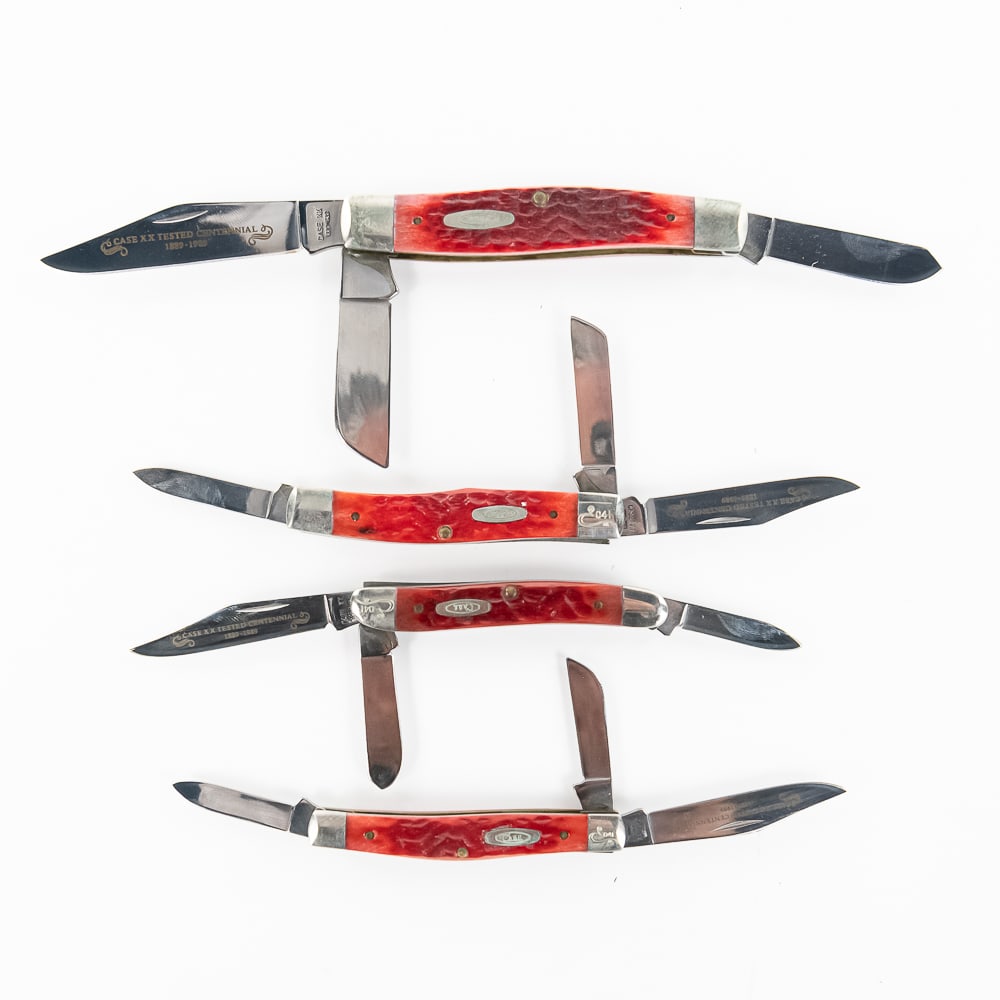 4 Case XX Centennial Red Bone Knives (1989): 4 Case XX 1989 Production Centennial Knives. All are from matching set, numbered #041 on bolsters. 4 Different models of Red Stag handles. Models are 6375, 63087, 63032, and 6344. All knives are like
