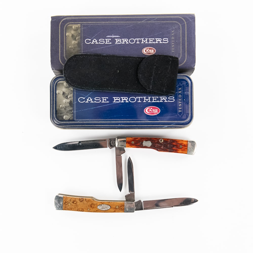 2 Case XX 6215 Gunstock Knives: 2 Case XX Model 6215 Gunstock knife 1 1980s, one modern 2003. 2003 Dated Pretty Chestnut Bone handle knife is like new in box with only storage wear on bolsters, 1980s dated knife is in similar condit