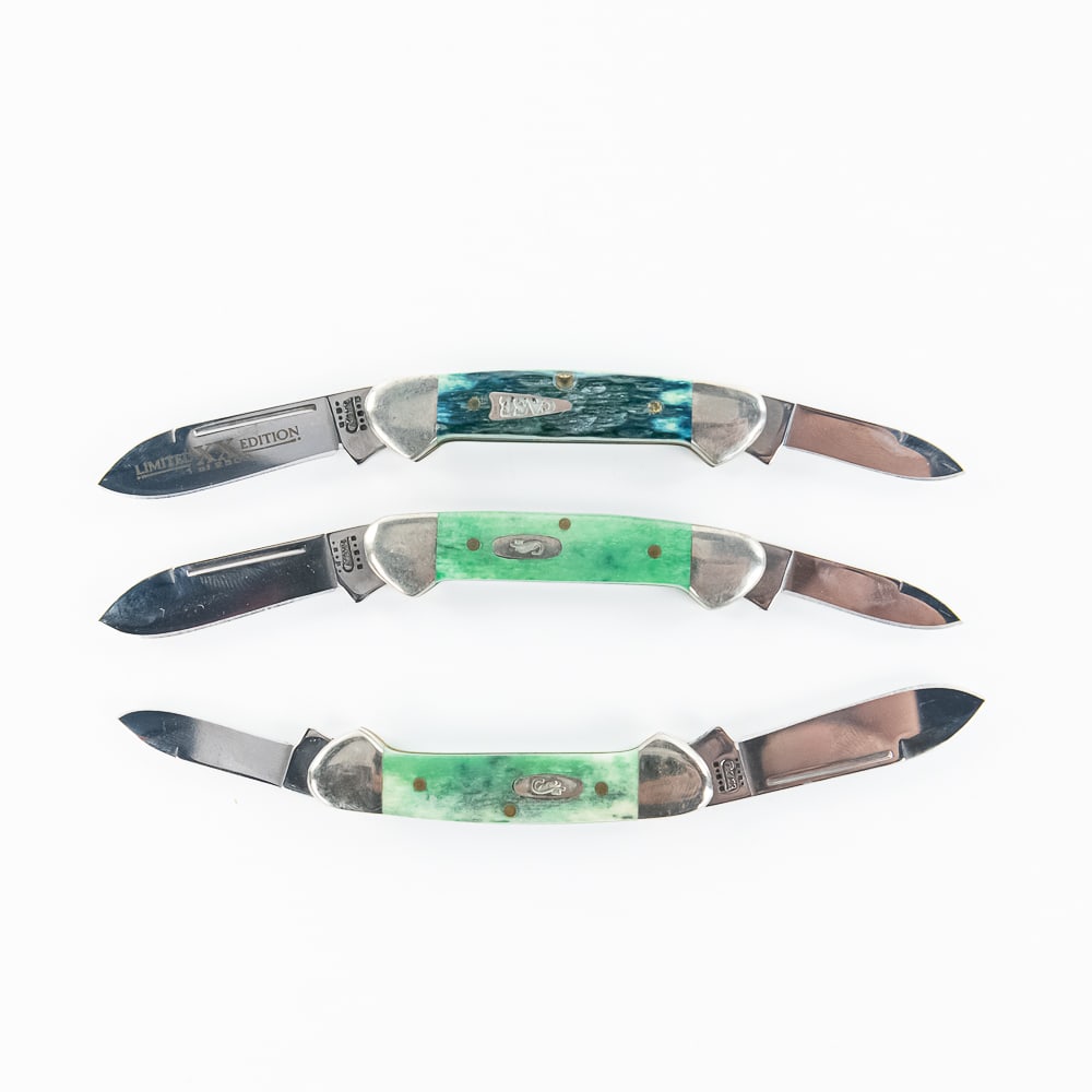 3 Case XX 62132 Mini-Canoe Knives (2000s): 3 Case XX Model 62132 Baby Butterbean/ Mini Canoe knives. 2 Standard and 1 Limited Edition 1 of 2500. All are early 2000s production and are in like new condition with only minor storage wear on bolst