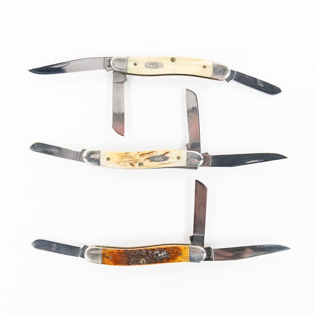 3 Case XX 6318 SS Stockman Knives (2000s): 3 Case XX Model 6318 SS Stockman Knives. All are early 2000s Production and are in like new condition with only minor storage wear on bolsters. 3 Different colors of bone handles. 3.5" closed length. 
