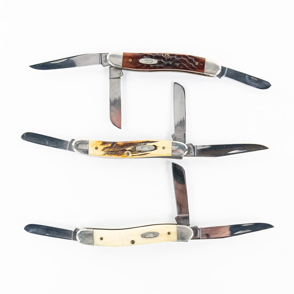 3 Case XX 6318 SS Stockman Knives (2000s): 3 Case XX Model 6318 SS Stockman Knives. All are early 2000s Production and are in like new condition with only minor storage wear on bolsters. 3 Different colors of bone handles. 3.5" closed length.