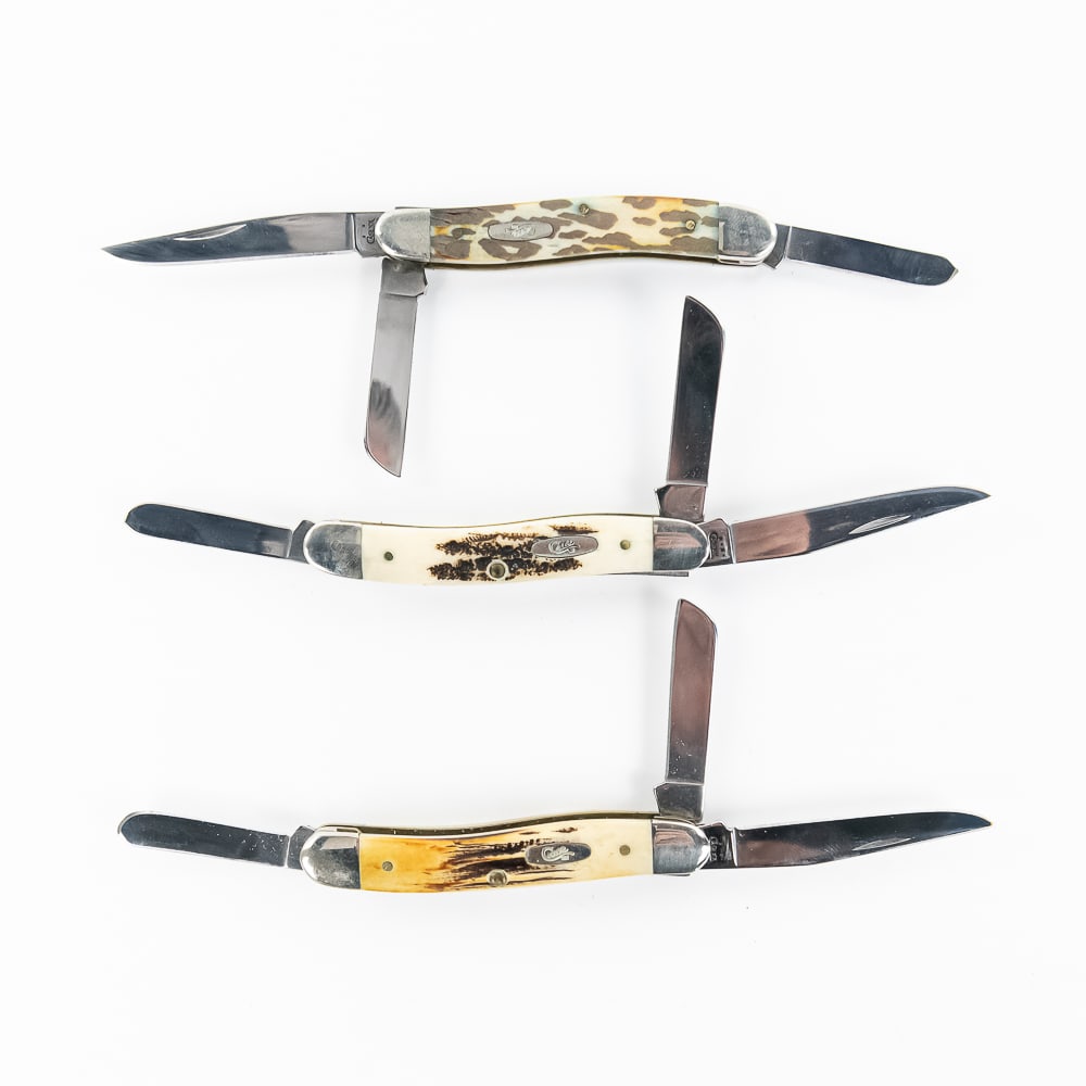 3 Case XX 6318 SS Stockman Knives (2000s): 3 Case XX Model 6318 SS Stockman Knives. All are early 2000s Production and are in like new condition with only minor storage wear on bolsters. 3 Different colors of bone handles. 3.5" closed length. 