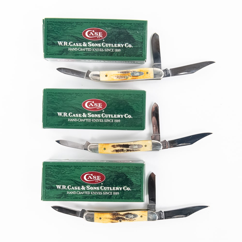 3 Case XX 650387 Stockman Knives: 3 Case XX 2006 production Bone Stag Stockman pocket knives. Knives are brand new in box with minor storage wear on bolsters. 3.25" closed length. Great Christmas gift lot. See photos.