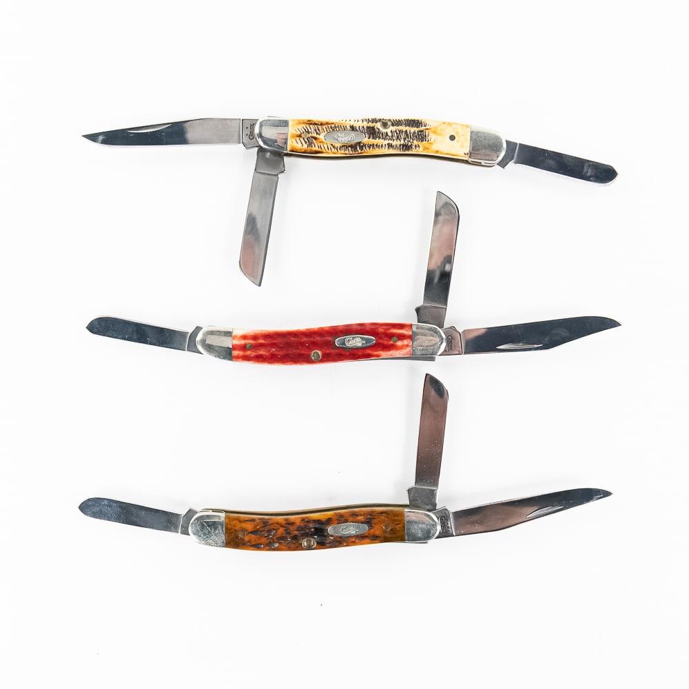 3 Case XX 6318 SS Stockman Knives (2000s): 3 Case XX Model 6318 SS Stockman Knives. All are early 2000s Production and are in like new condition with only minor storage wear on bolsters. 3 Different colors of bone handles. 3.5" closed length. 