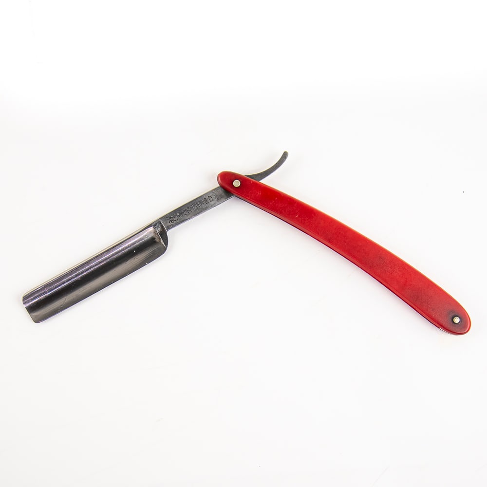 J.A. Henckels. Twinworks Straight Razor: Vintage Straight Razor "Certified" 410 by J.Ahenckels Twinworks. Has red plastic scales, with a blank face . Tang reads "Certified Reg. U.S PAT OFF" and reverse reads "J. Ahenckels Twinworks Soligen, 