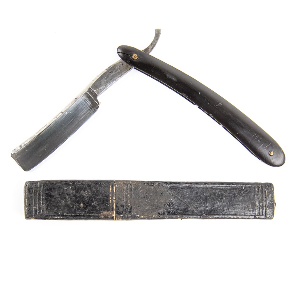 Wade & Butcher Straight Razor w/ Orig. Box: Vintage Straight Razor by Wade & Butcher. Has black horn scales that show heavy wear with some chips and cracks present, yet still fairly sturdy. The face is blank, tang reads "Wade & Butcher Sheffiel