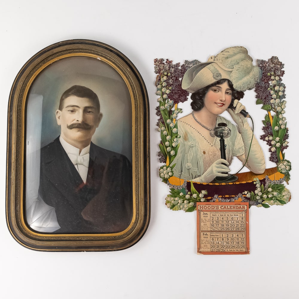 Convex Glass Male Portrait and 1916 Hood's Calendar: Collections showcases an antique Victorian male portrait featured in convex glass frame; 18.5"t x 12.5"l & original 1916 Hood's Calendar in very good condition with minor blemish near calendars bottom