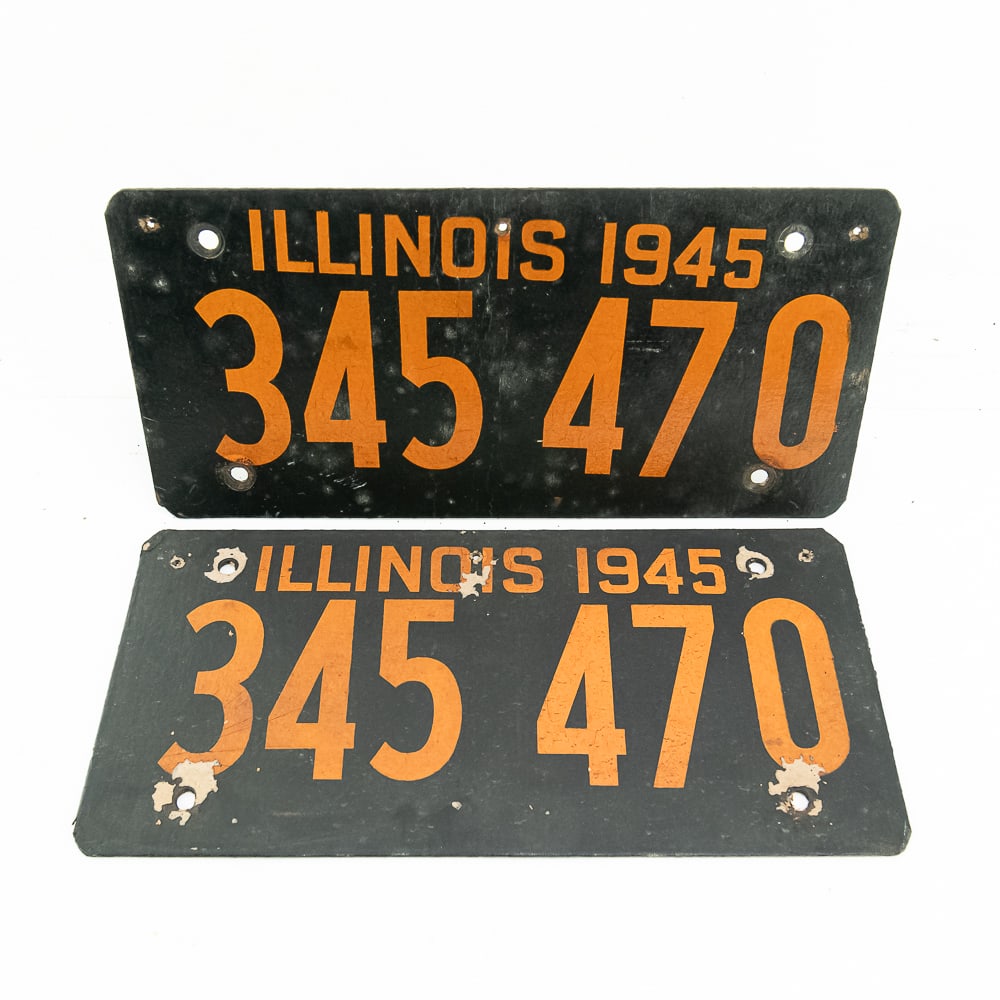 Illinois 1945 Fiberboard License Plate Pair: Illinois 1945 Scarce fiberboard license plate pair #345-470. Good to very good overall condition with some bolt wear, scuffs scratches and discoloration. (3) extra holes near top edge on both examples