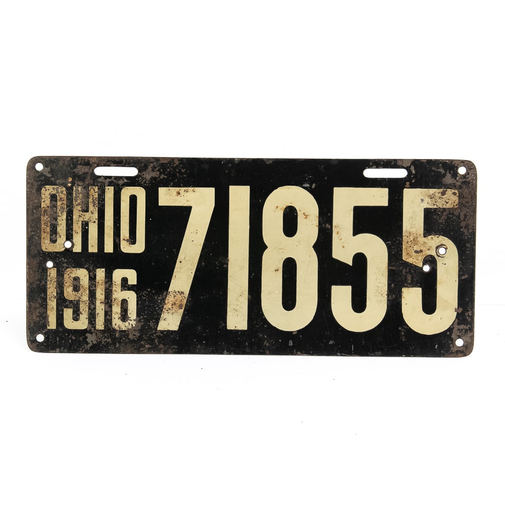 Ohio 1916 License Plate: Ohio 1916 flat silk screened in good original condition with some light rust spotting. 4 extra mounting holes have been drilled on the left and right sides. See pics.