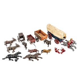Assorted Cast Iron Toy Wagons and Figures