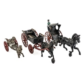 (3) Antique Toy Cast Iron Horse Pulled Wagons