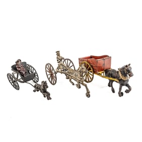 (3) Antique Toy Cast Iron Horse Pulled Wagons